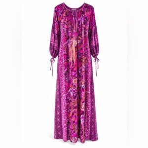 D’Ascoli Silk Maxi Dress Bird Print Pink Purple Size Medium Boho